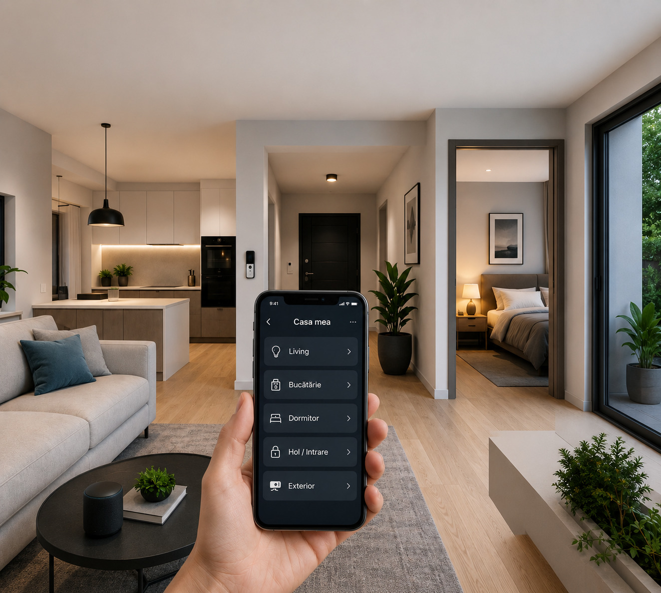 Iluminat inteligent într-un living modern